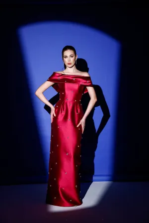 𝐆𝐈𝐒𝐄𝐋𝐋𝐄 Low Shoulder Embroidered Mikado Evening Dress T56743