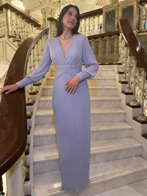 𝐒𝐀𝐌𝐈𝐑𝐀 Pleated V-Neck Stone Embroidered Chiffon Evening Dress - T56739