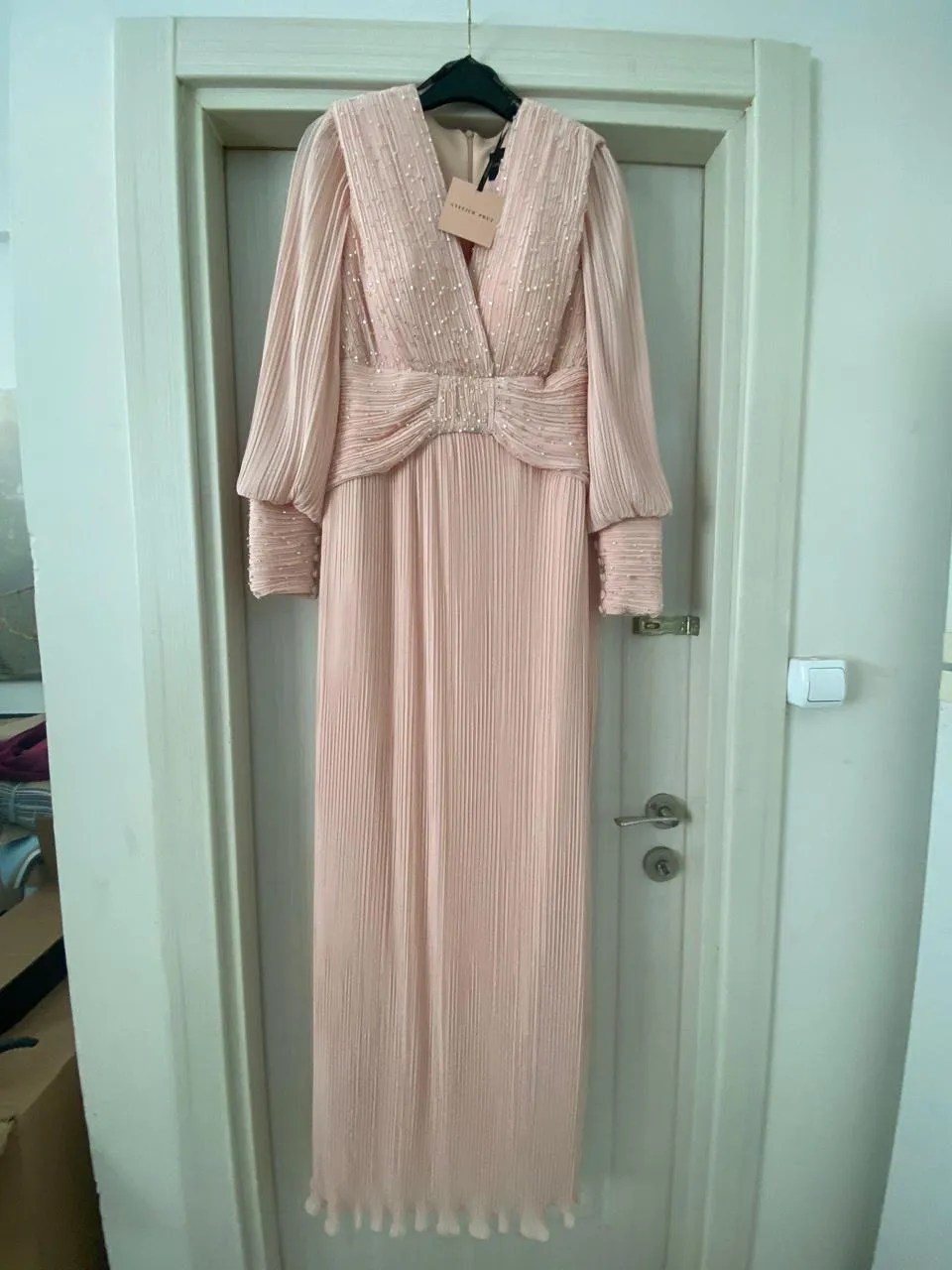𝐒𝐀𝐌𝐈𝐑𝐀 Pleated V-Neck Stone Embroidered Chiffon Evening Dress - T56739