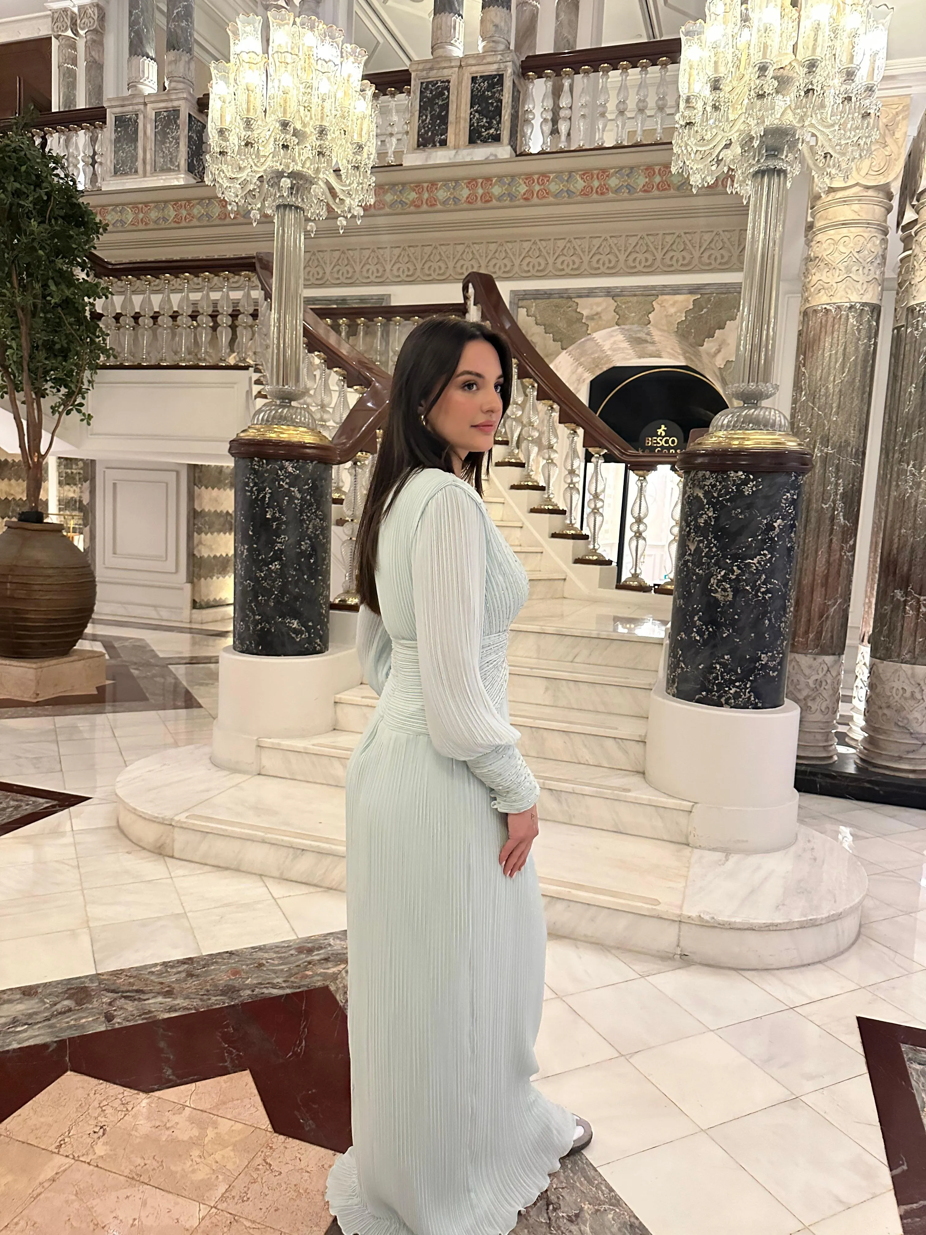 𝐒𝐀𝐌𝐈𝐑𝐀 Pleated V-Neck Stone Embroidered Chiffon Evening Dress - T56739