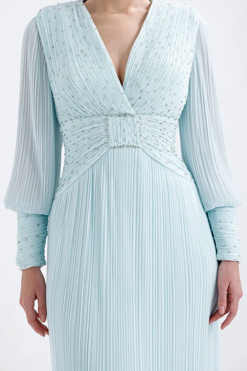 𝐒𝐀𝐌𝐈𝐑𝐀 Pleated V-Neck Stone Embroidered Chiffon Evening Dress - T56739