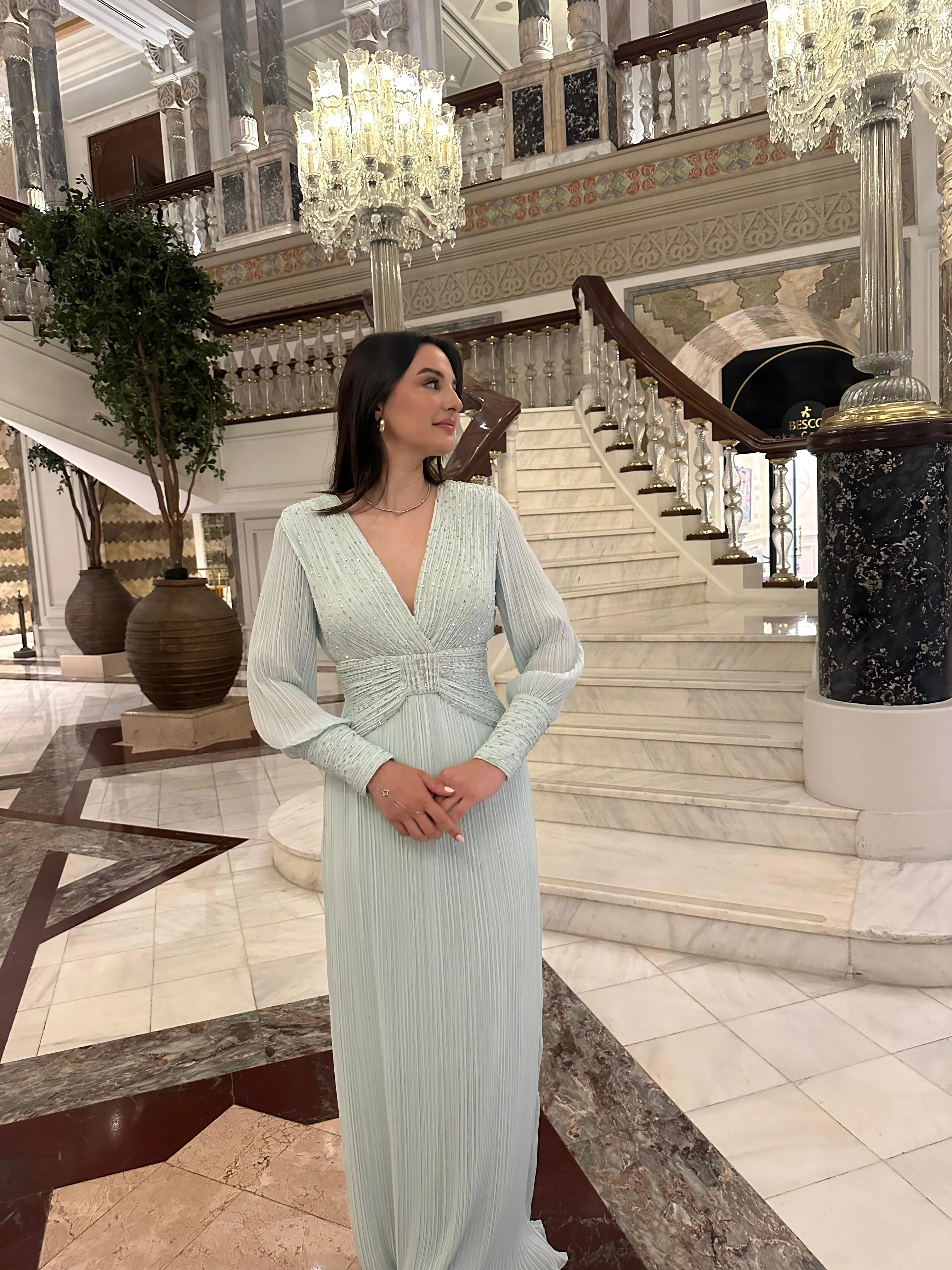 𝐒𝐀𝐌𝐈𝐑𝐀 Pleated V-Neck Stone Embroidered Chiffon Evening Dress - T56739