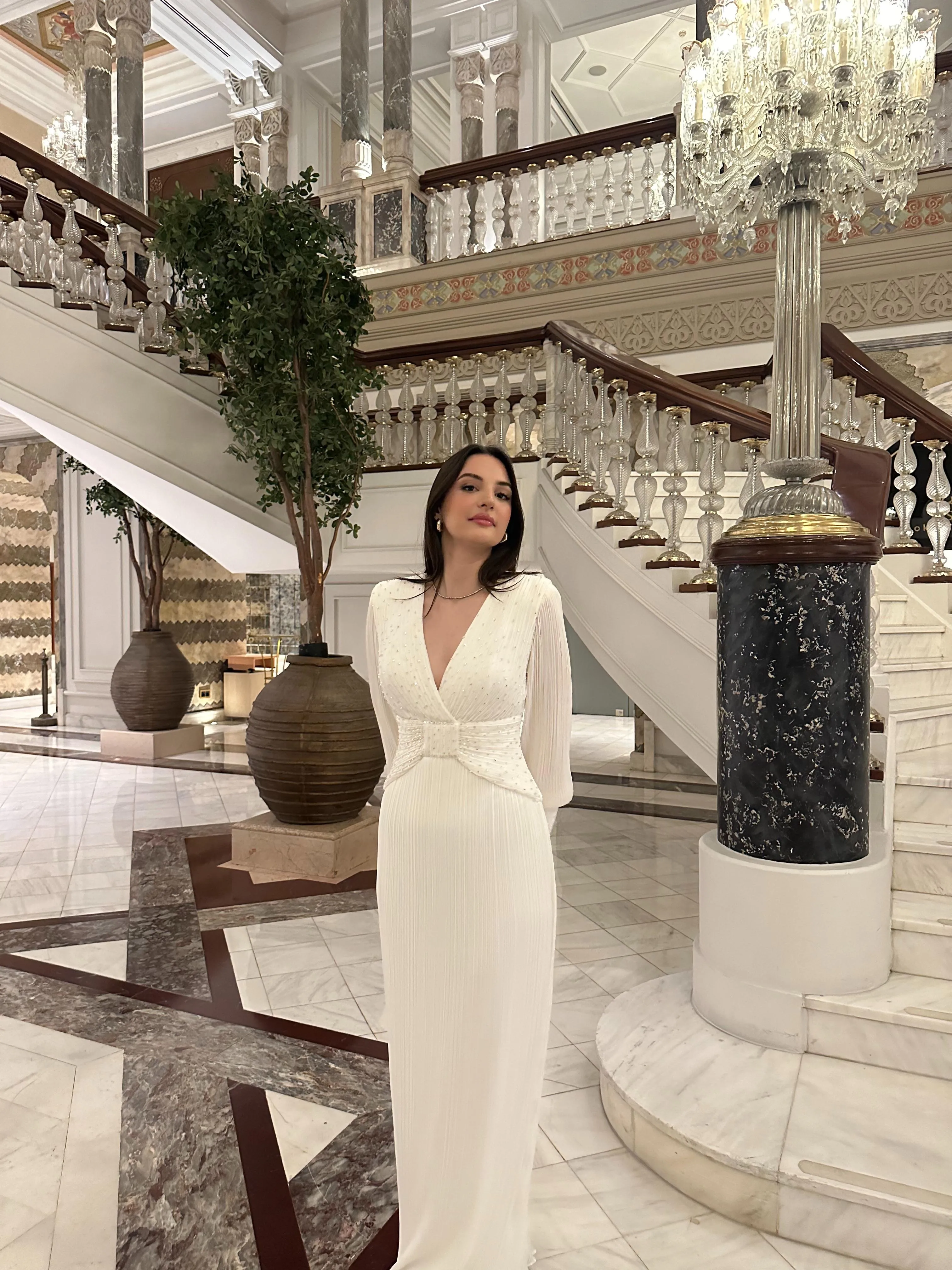 𝐒𝐀𝐌𝐈𝐑𝐀 Pleated V-Neck Stone Embroidered Chiffon Evening Dress - T56739