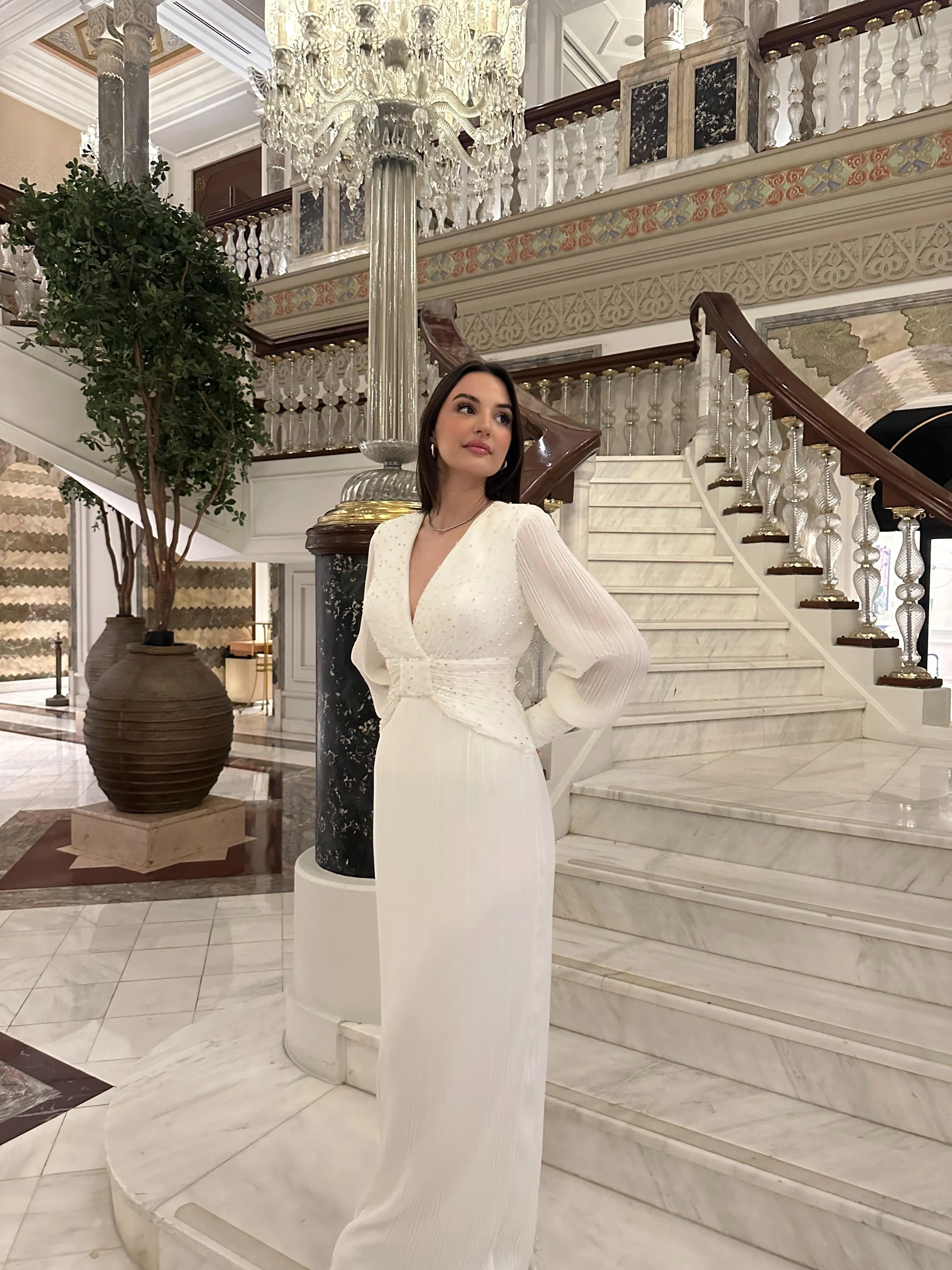 𝐒𝐀𝐌𝐈𝐑𝐀 Pleated V-Neck Stone Embroidered Chiffon Evening Dress - T56739