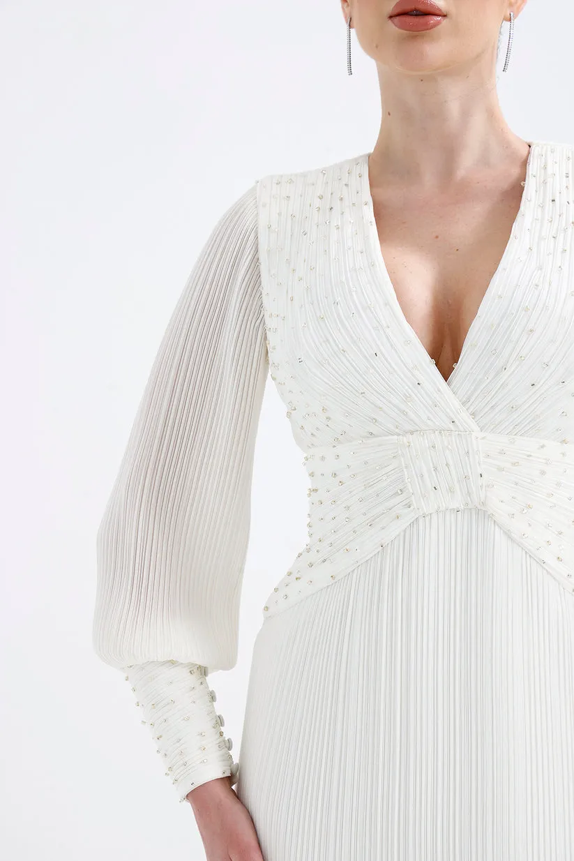 𝐒𝐀𝐌𝐈𝐑𝐀 Pleated V-Neck Stone Embroidered Chiffon Evening Dress - T56739