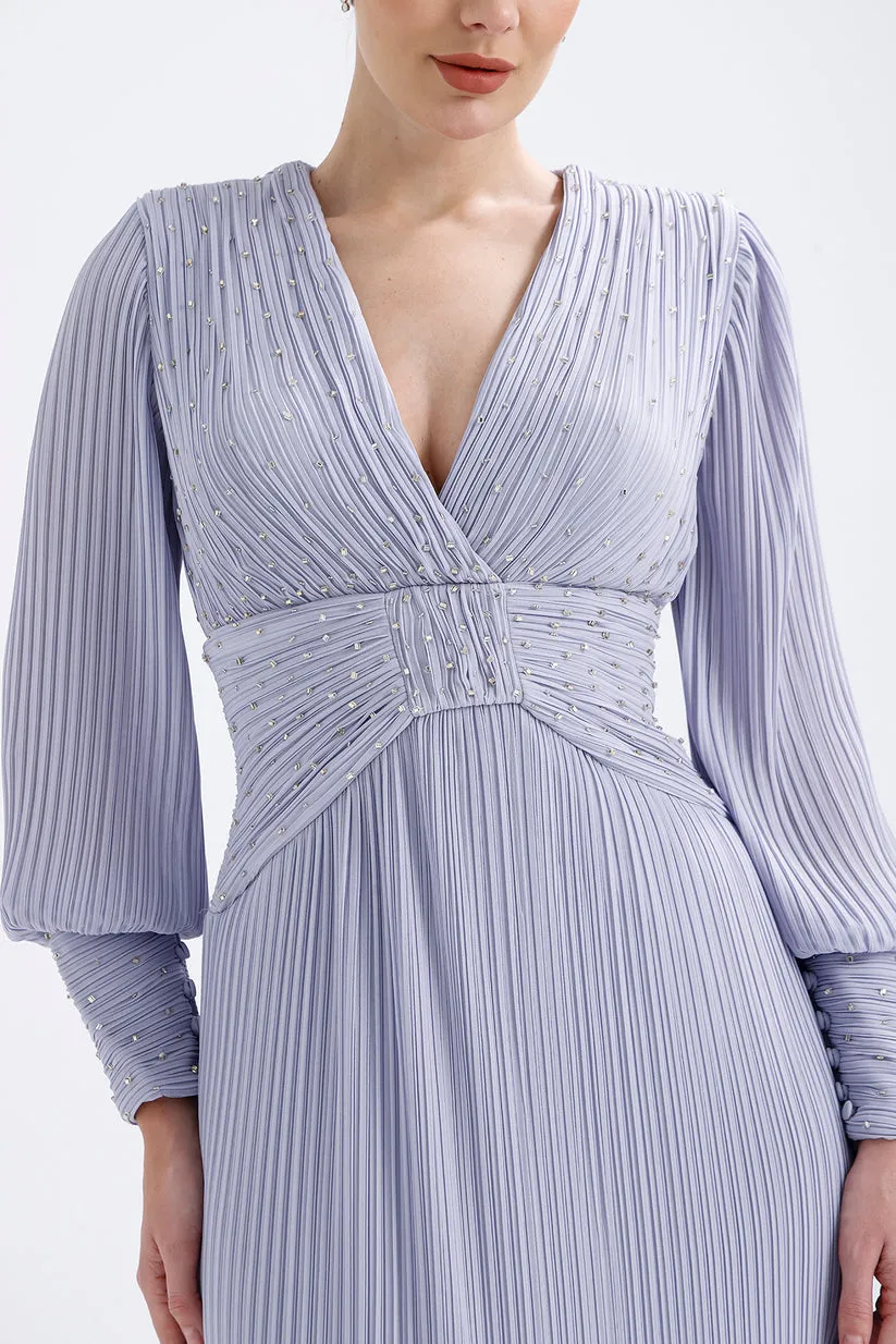 𝐒𝐀𝐌𝐈𝐑𝐀 Pleated V-Neck Stone Embroidered Chiffon Evening Dress - T56739
