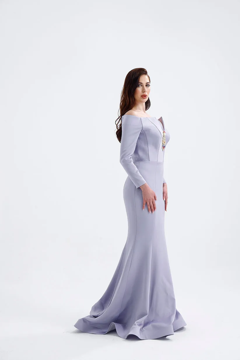 𝐌𝐄𝐋𝐎𝐍𝐈 Stone Accessory Off Shoulder Long Sleeve Fish Cut Crepe Long Evening Dress-T56732