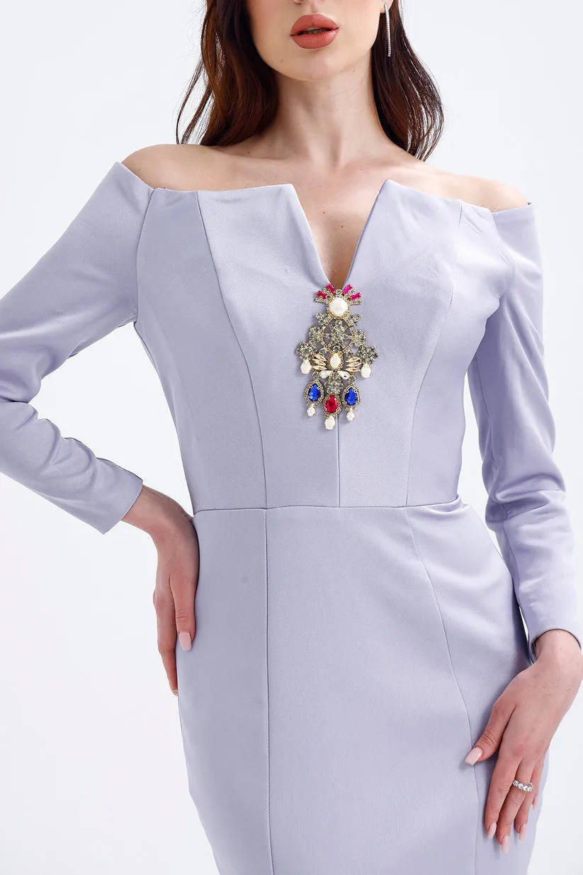 𝐌𝐄𝐋𝐎𝐍𝐈 Stone Accessory Off Shoulder Long Sleeve Fish Cut Crepe Long Evening Dress-T56732