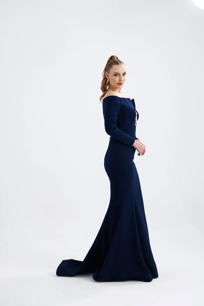 𝐌𝐄𝐋𝐎𝐍𝐈 Stone Accessory Off Shoulder Long Sleeve Fish Cut Crepe Long Evening Dress-T56732
