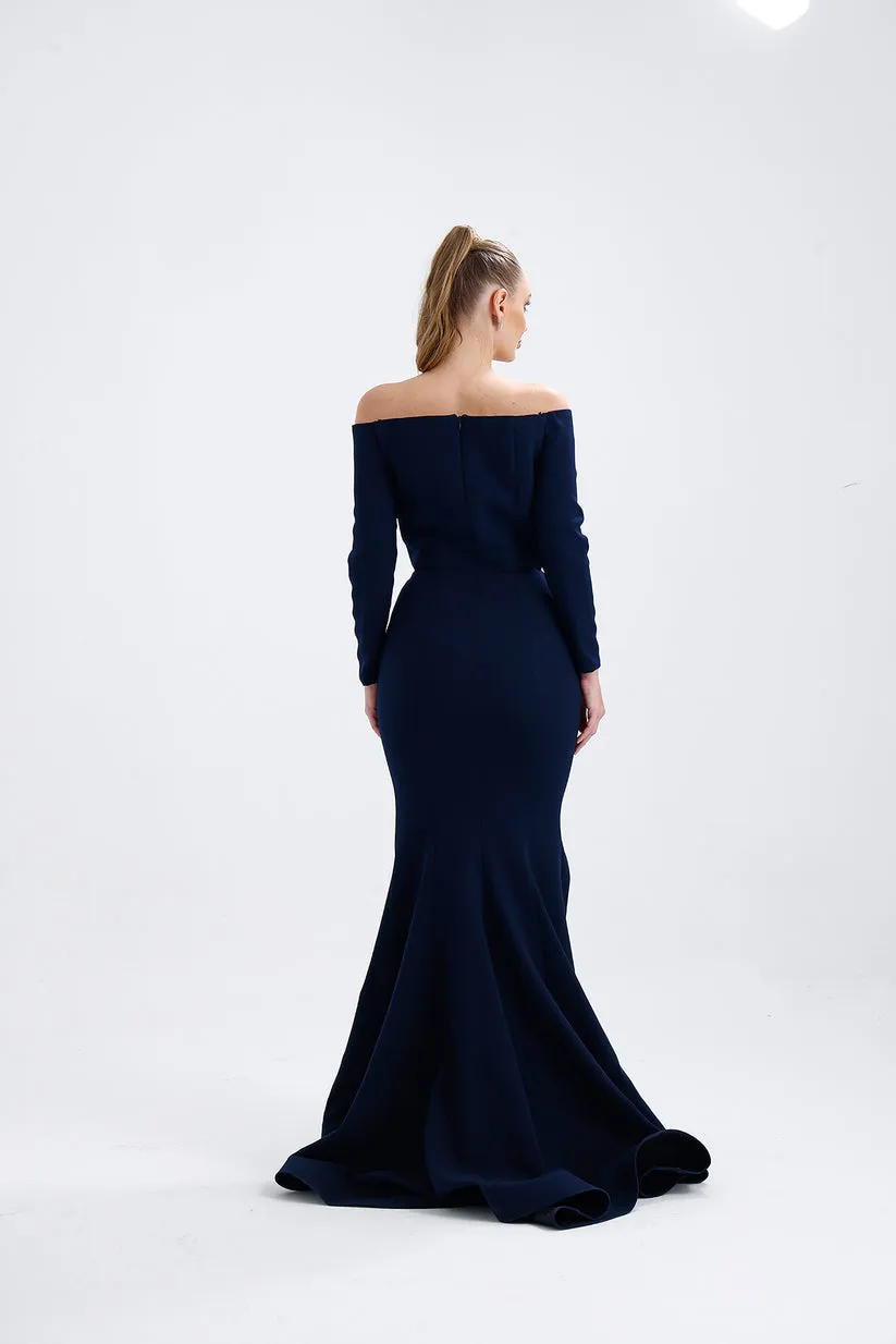 𝐌𝐄𝐋𝐎𝐍𝐈 Stone Accessory Off Shoulder Long Sleeve Fish Cut Crepe Long Evening Dress-T56732