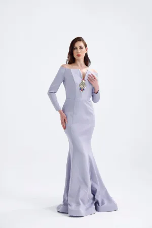 𝐌𝐄𝐋𝐎𝐍𝐈 Stone Accessory Off Shoulder Long Sleeve Fish Cut Crepe Long Evening Dress-T56732