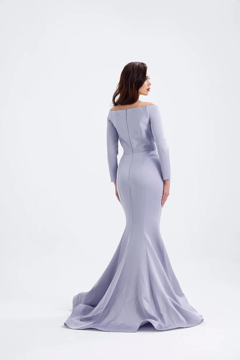 𝐌𝐄𝐋𝐎𝐍𝐈 Stone Accessory Off Shoulder Long Sleeve Fish Cut Crepe Long Evening Dress-T56732