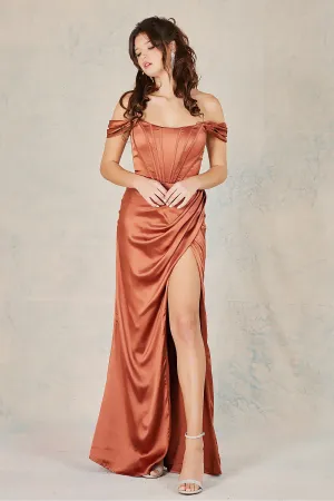 AD 3103 - Off the Shoulder Stretch Satin Prom Gown with Boned Corset Bodice Leg Slit & Open Lace Up Back