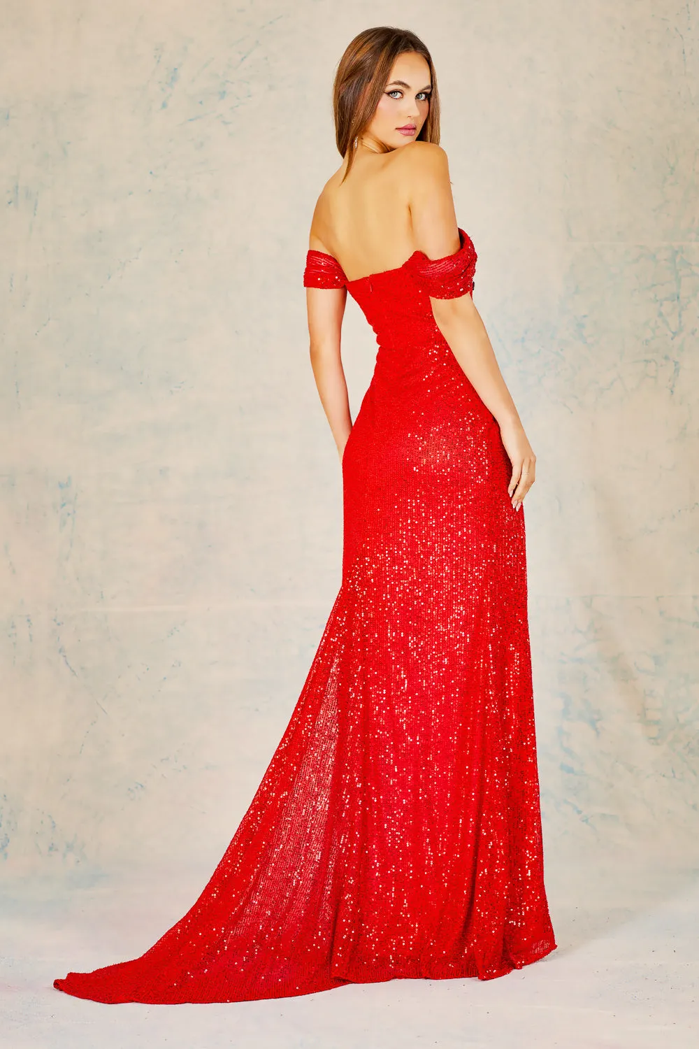 AD 3152 - Full Sequin Off the Shoulder Fit & Flare Prom Gown with Ruched Cowl Neck Bodice & Leg Slit