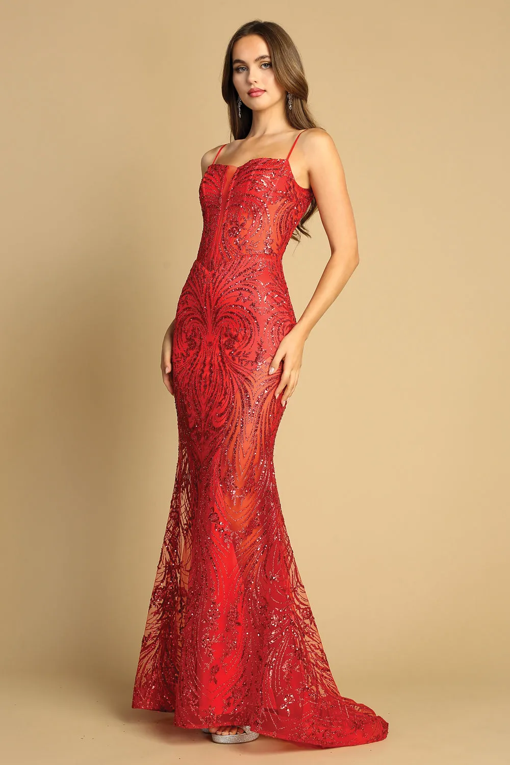 AD 3160 - Glitter Print Fit & Flare Prom Gown with Sheer Boned Bodice & Sheer Leg Slit