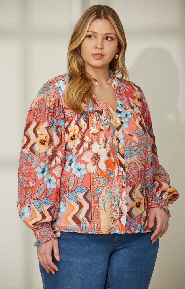 April Printed Lace Blend Top In Peach