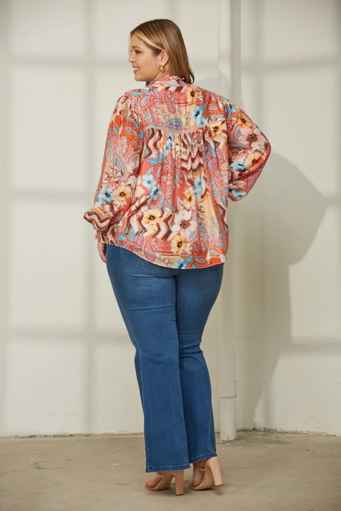 April Printed Lace Blend Top In Peach