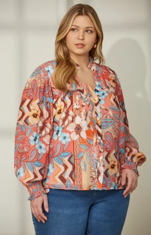 April Printed Lace Blend Top In Peach