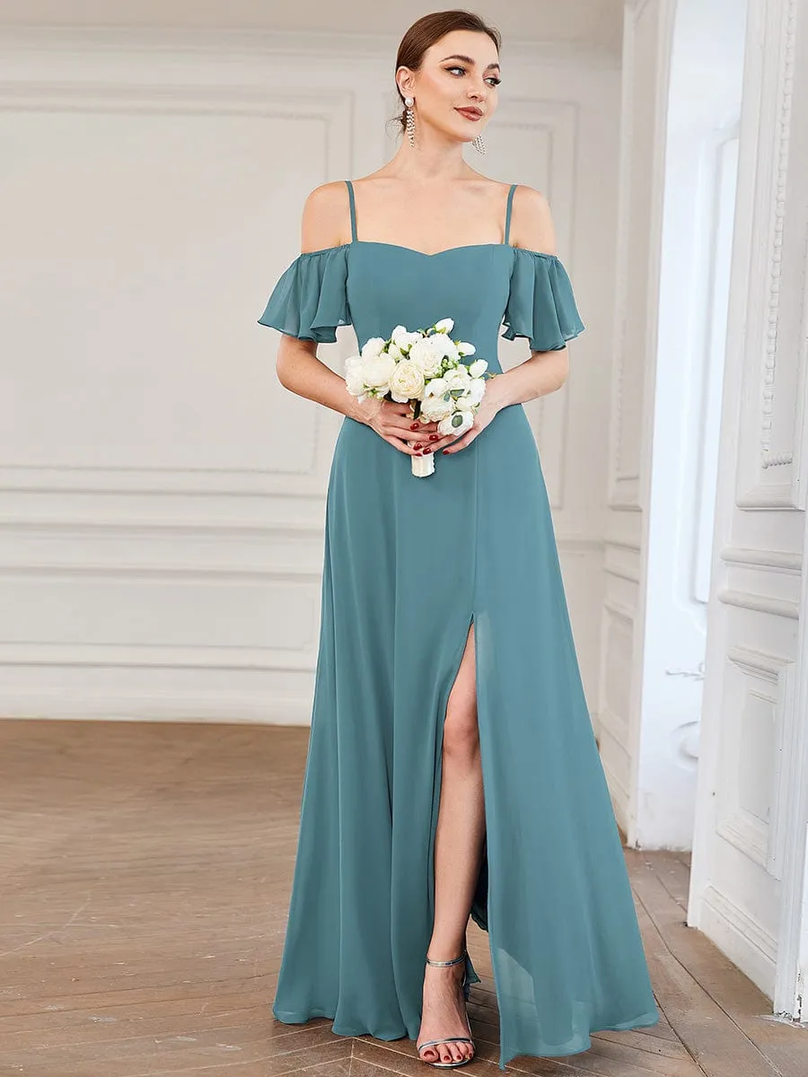 Aurora bridesmaid dress with split in dusky blue Express NZ wide