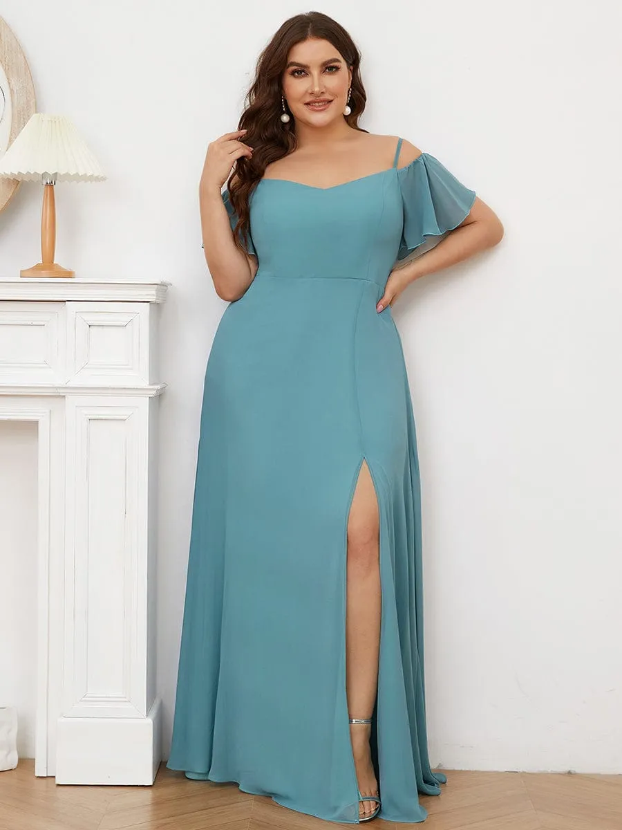Aurora bridesmaid dress with split in dusky blue Express NZ wide