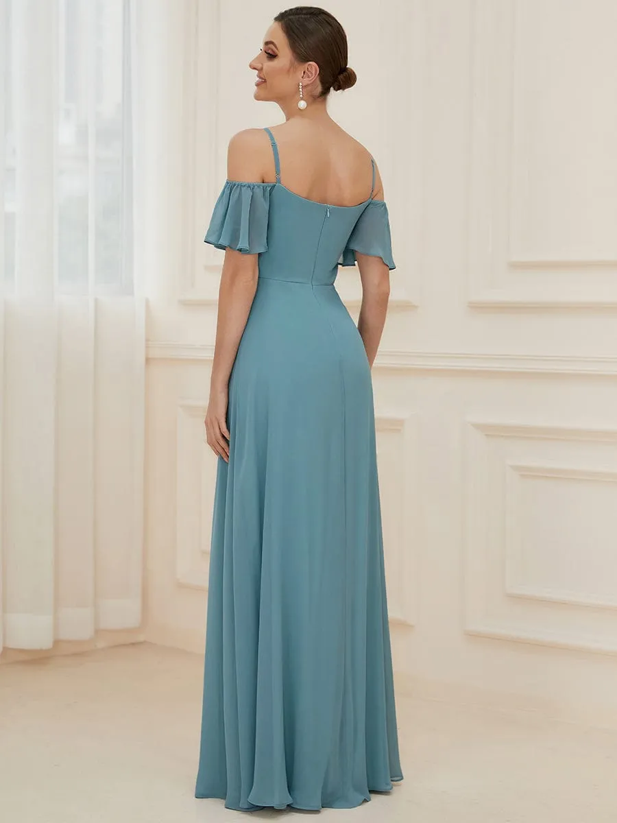 Aurora bridesmaid dress with split in dusky blue Express NZ wide