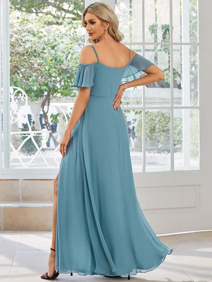 Aurora bridesmaid dress with split in dusky blue Express NZ wide