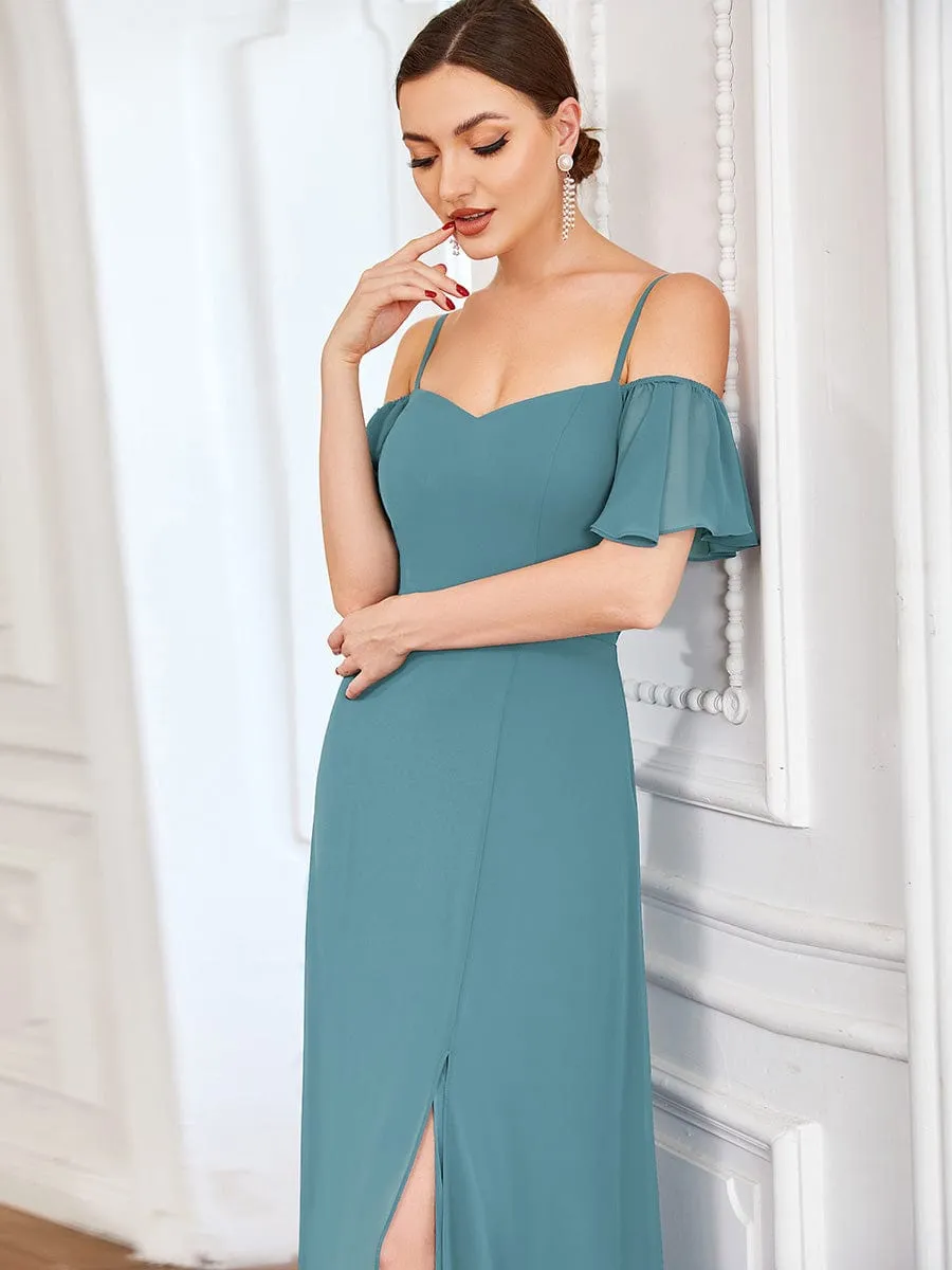 Aurora bridesmaid dress with split in dusky blue Express NZ wide