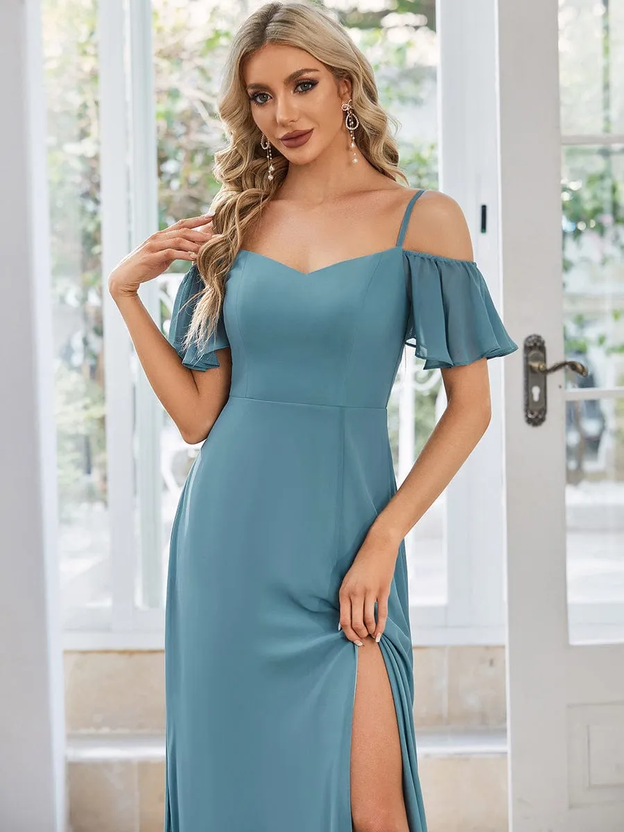 Aurora bridesmaid dress with split in dusky blue Express NZ wide