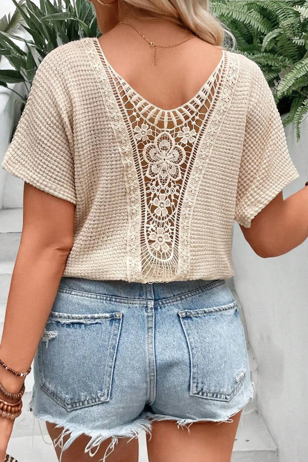 Beige Hollowed Lace Insert Plus Size Textured T Shirt