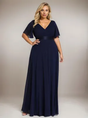 Billie flutter sleeve v neck chiffon dress in navy blue Express NZ wide