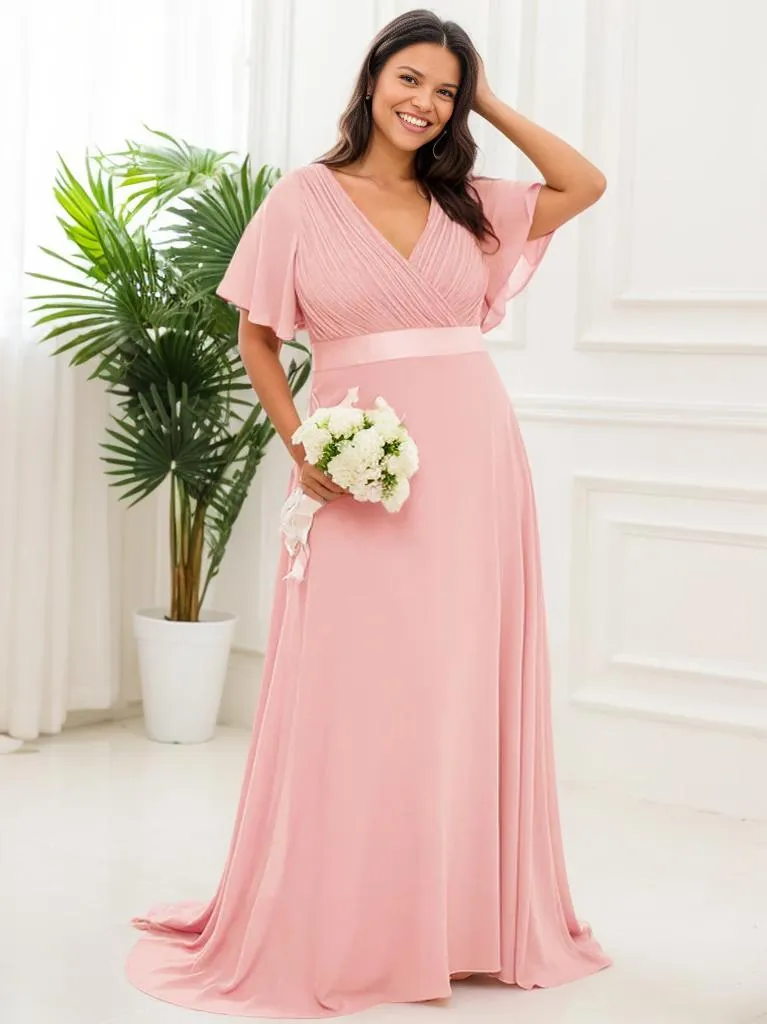 Billie Plus Size flutter sleeve v neck chiffon bridesmaid dress