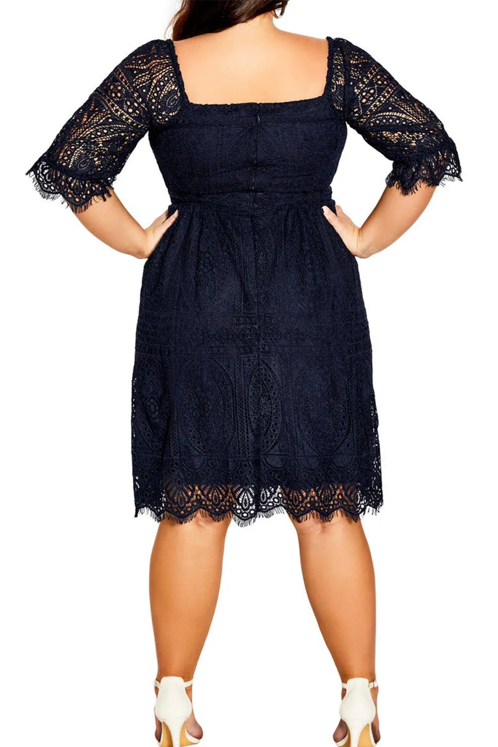 Black Eyelash Lace Square Neck Plus Size Dress