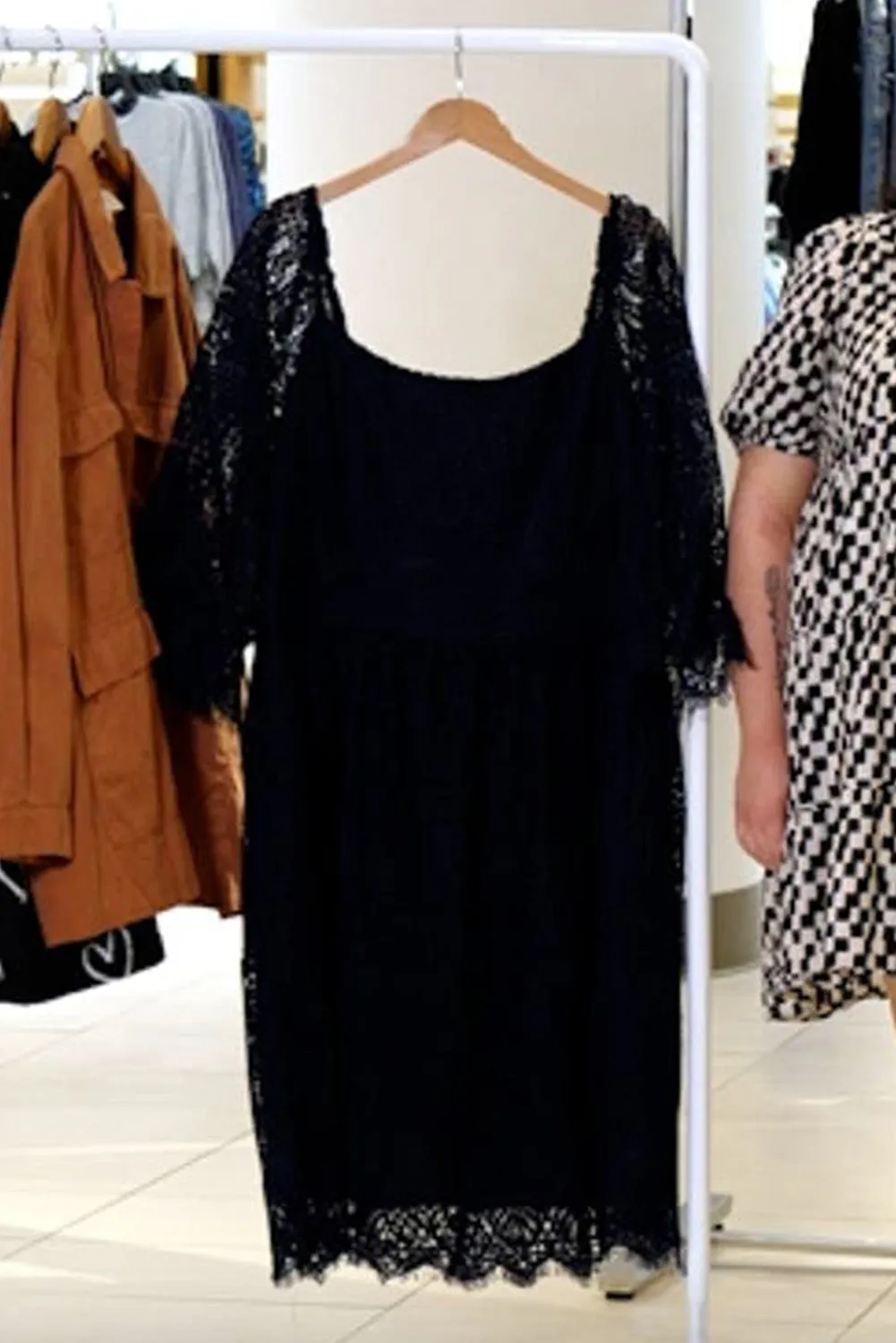 Black Eyelash Lace Square Neck Plus Size Dress