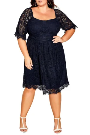 Black Eyelash Lace Square Neck Plus Size Dress