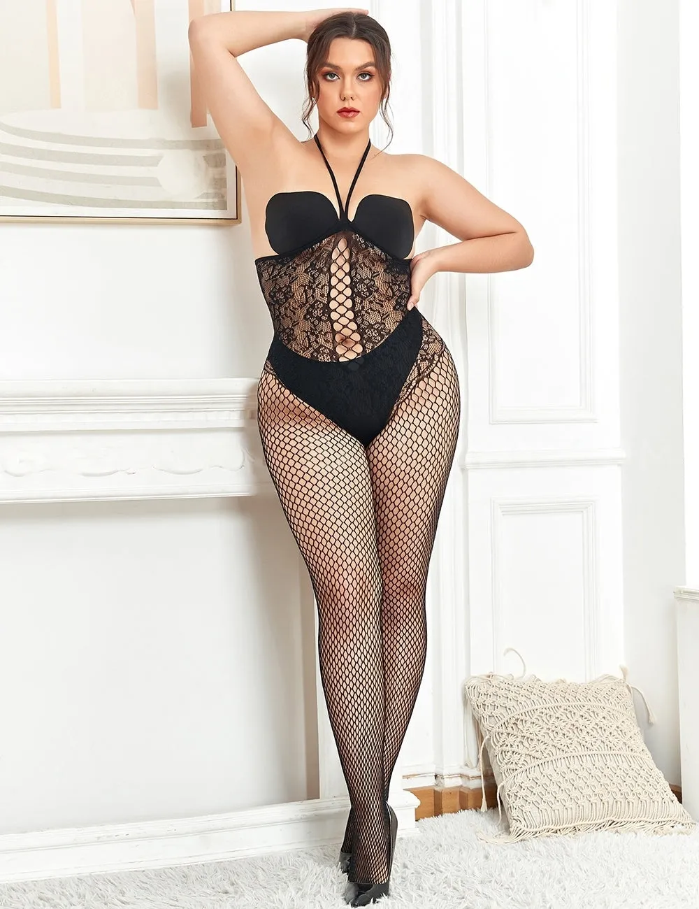 Black Halter Fishnet Open Cup Bodystocking