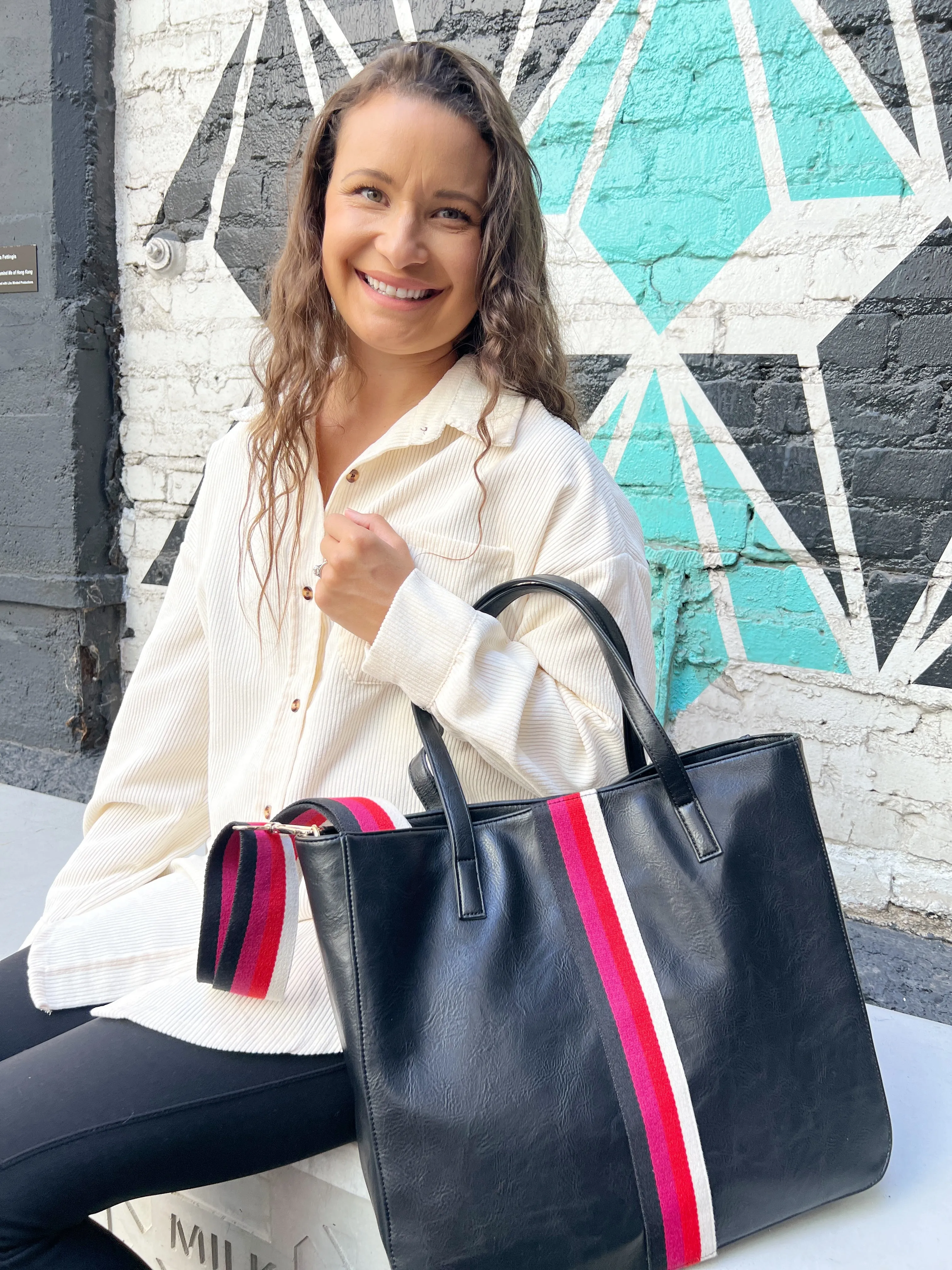 Black   Multi Stripe Vegan Tote