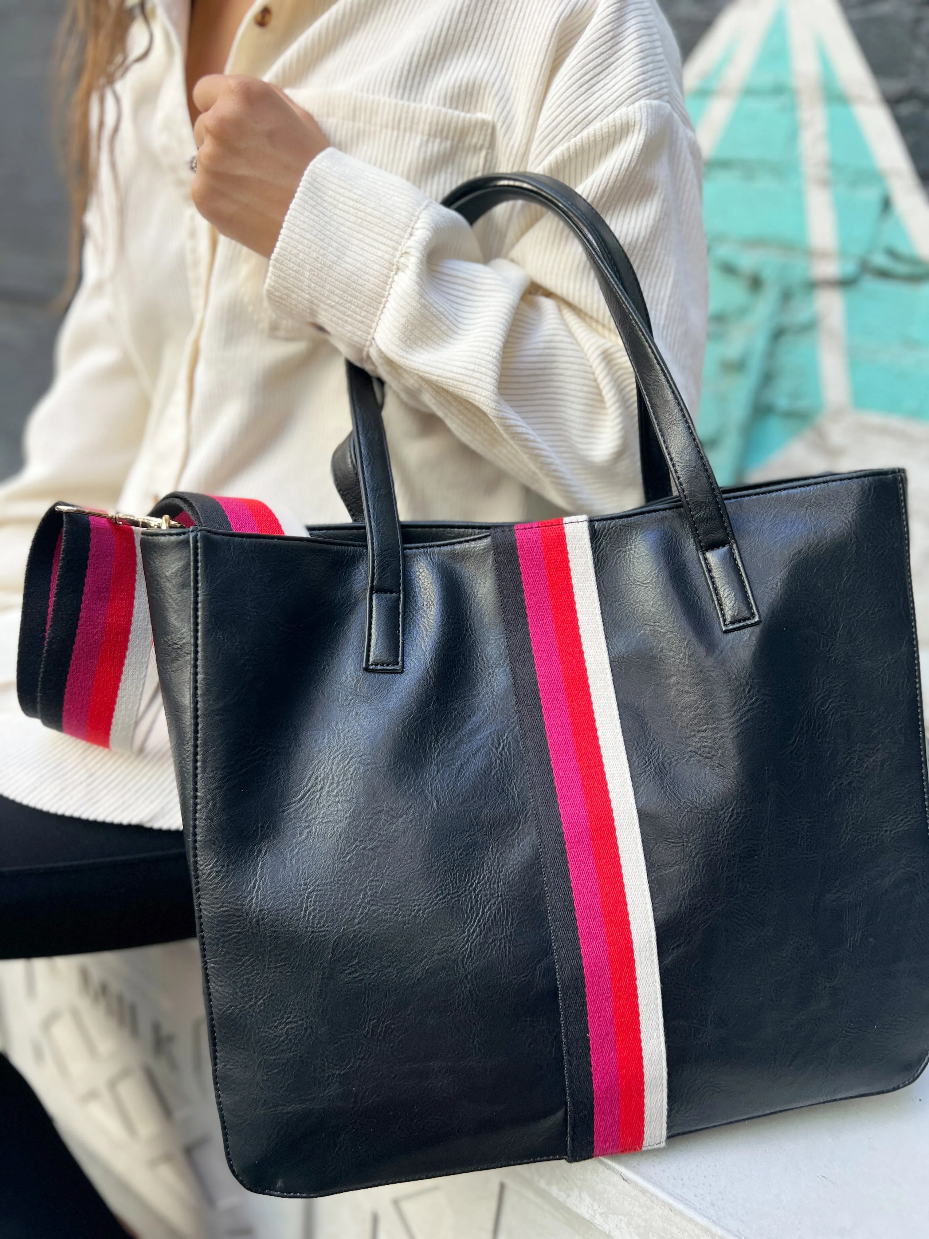 Black   Multi Stripe Vegan Tote