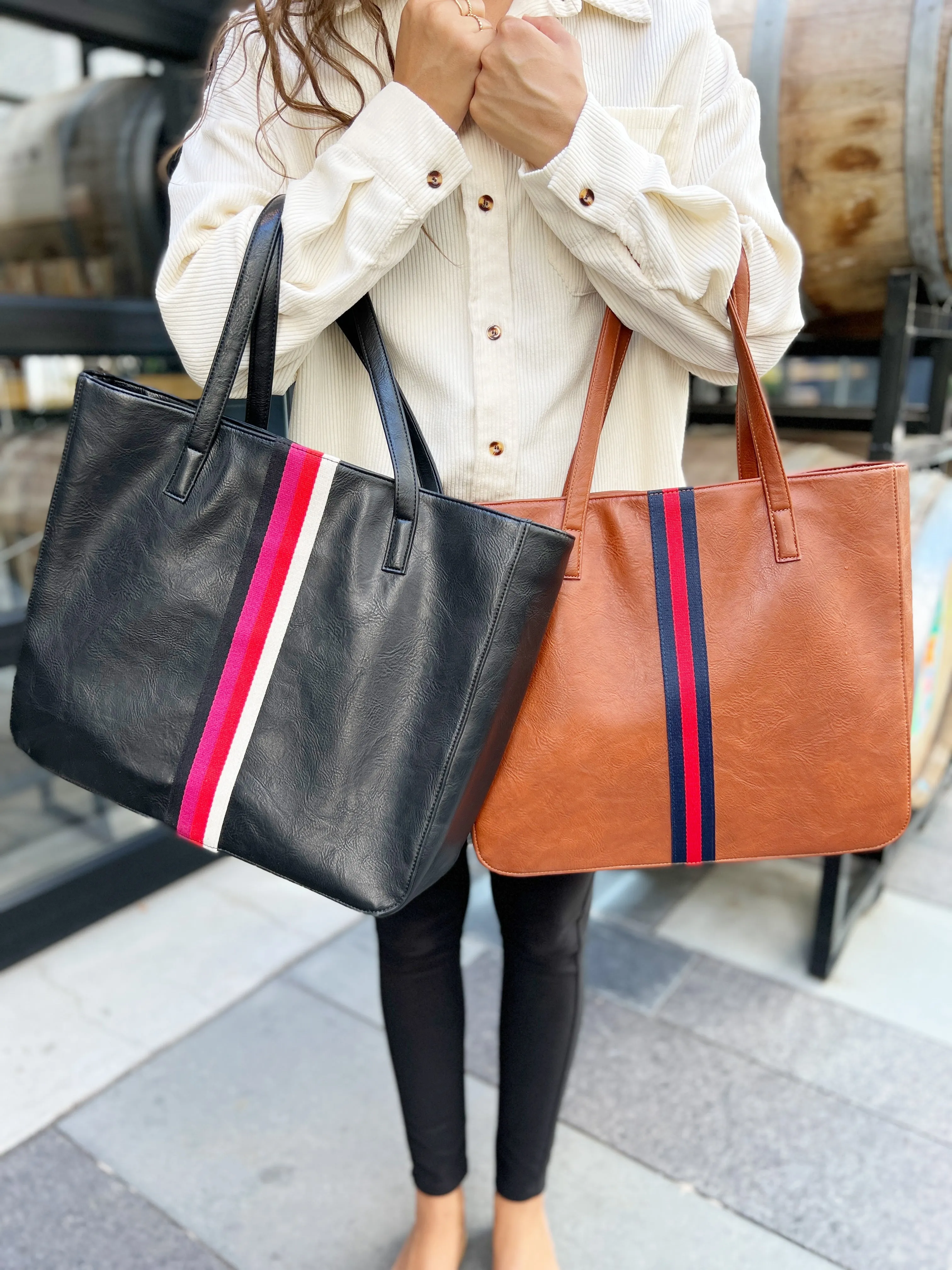 Black   Multi Stripe Vegan Tote