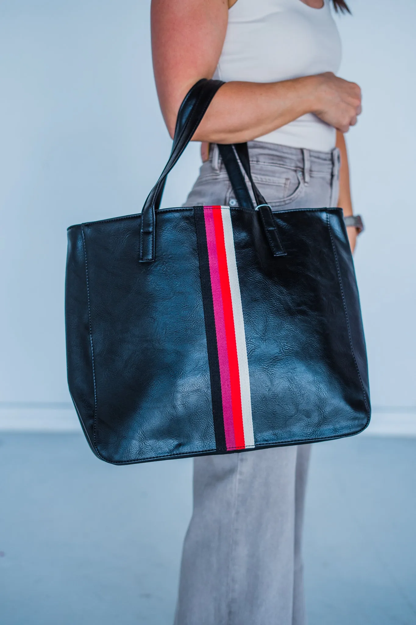 Black   Multi Stripe Vegan Tote