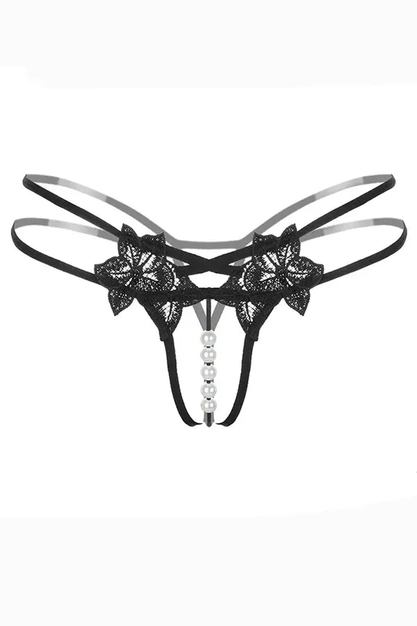 Black Open Front Pearl Lace Thong