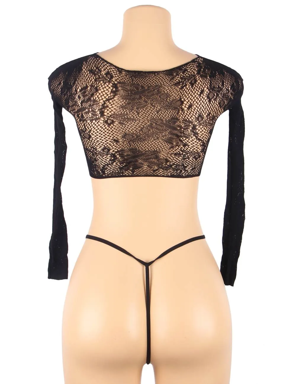 Black Sexy Open Chest Long Sleeve Stretch Fishnet Set With Farawlaya