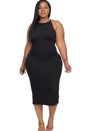 Black Solid Size 1XL Casual Open Criss Cross Tie Back Midi Dress
