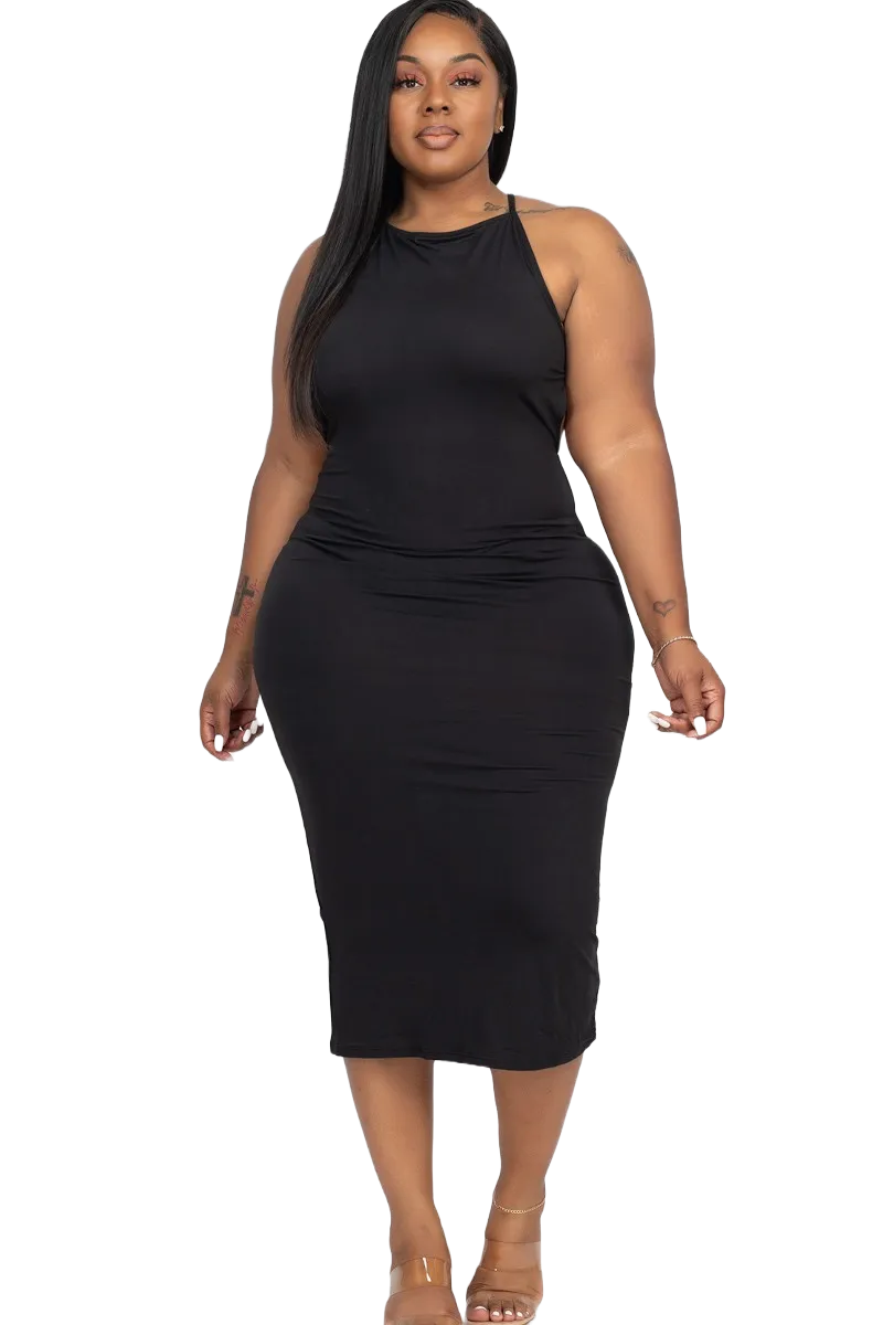 Black Solid Size 1XL Casual Open Criss Cross Tie Back Midi Dress