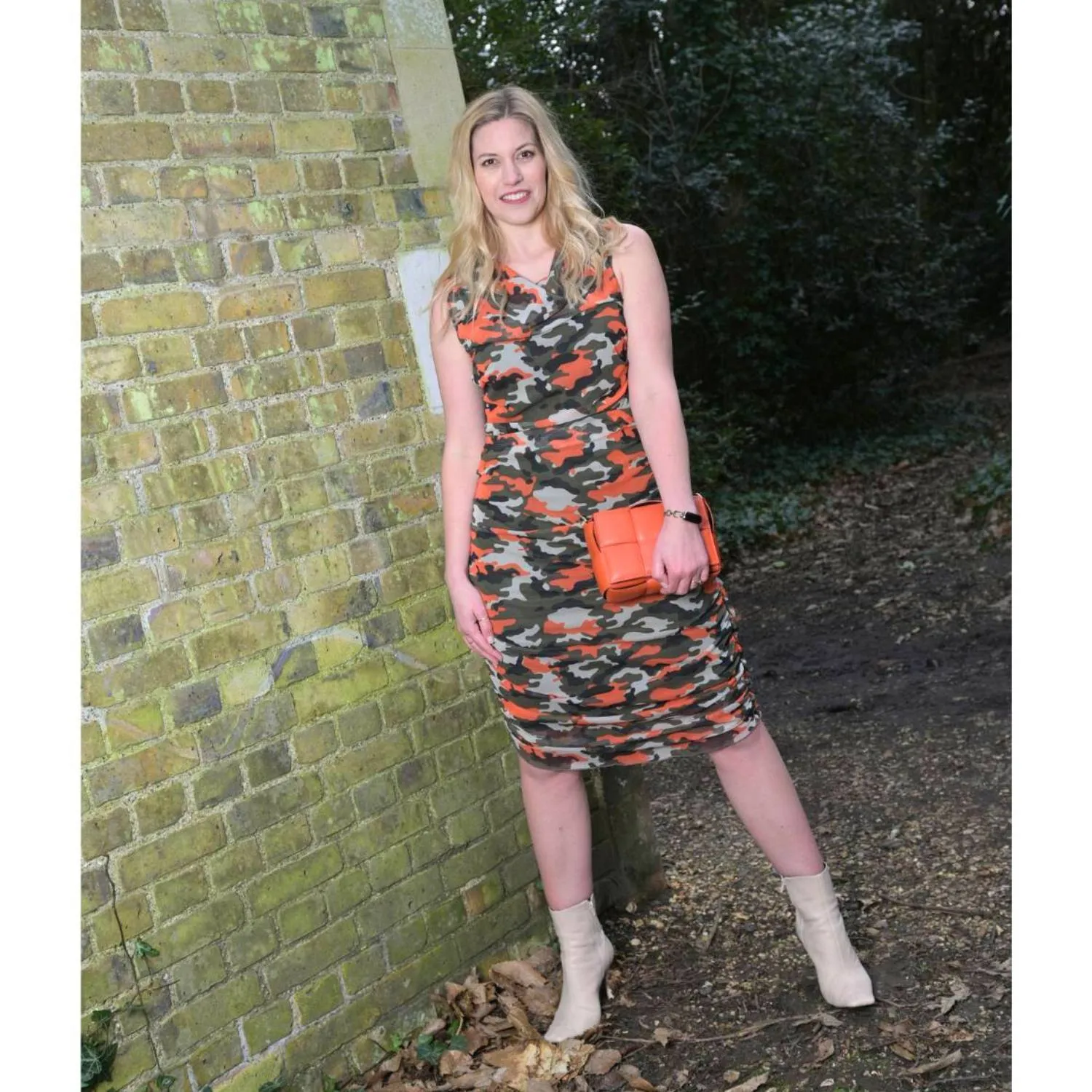 Boudicca Summer Orange Camouflage Ruched Dress