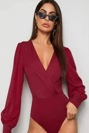 Burgundy Solid Surplice Elegant Bodysuit Top