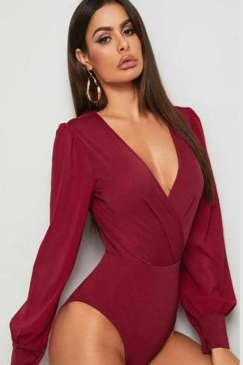 Burgundy Solid Surplice Elegant Bodysuit Top