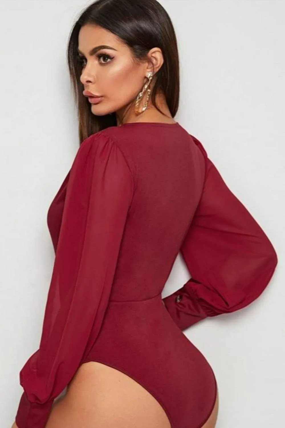 Burgundy Solid Surplice Elegant Bodysuit Top