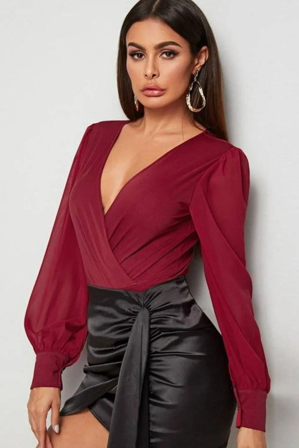 Burgundy Solid Surplice Elegant Bodysuit Top