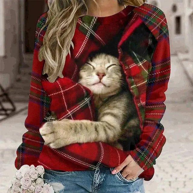 Casual sweatshirt featuring a cherry and cat design