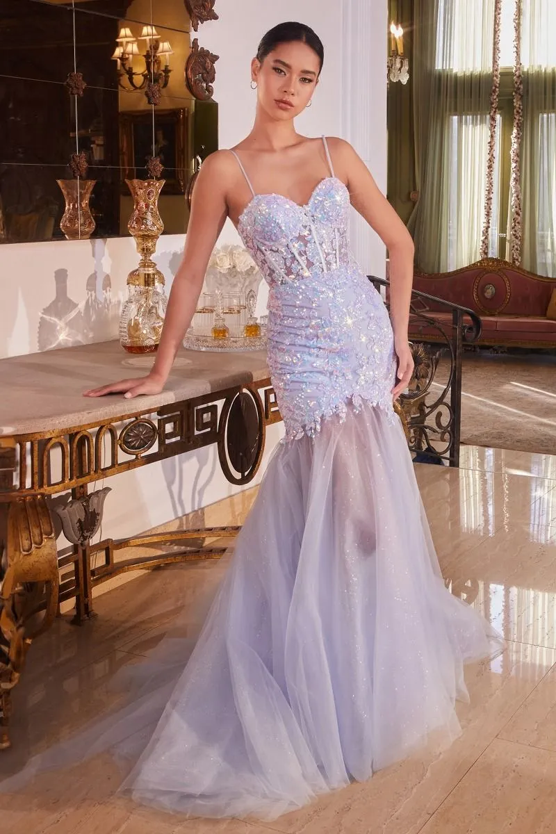 CD CB148 - Floral Sequin Fit & Flare Prom Gown with Sheer Boned Bodice Sheer Skirt & Lace Up Back